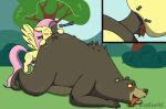  anal bestiality blush brown_body brown_fur caluriri cutie_mark duo equid equine eyes_closed female feral fluttershy_(mlp) friendship_is_magic fur hair harry_(mlp) hasbro male male/female mammal my_little_pony oral pegasus pink_hair pink_tail plant rimming scut_tail sex short_tail signature sound_effects tail_fellatio teeth tongue tongue_out tree ursid wings 