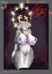  2022 absurd_res anthro big_breasts breasts cervid cervine cleavage_tuft curvy_figure dark_body dark_fur female fluffy fur fuzzy glowing glowing_milk hi_res laffulaffubread mammal milk milk_drip neck_tuft nude solo text tuft two_ears url wide_hips yellow_eyes 