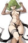  1girl arms_up bare_shoulders black_dress breasts cameltoe closed_mouth commentary disdain dress elbow_gloves eyebrows_visible_through_hair flipped_hair gloves green_eyes green_hair groin highres looking_at_viewer navel no_bra one-punch_man pelvic_curtain rakeemspoon short_hair simple_background sketch solo tatsumaki thigh_gap thighs torn_clothes torn_dress v-shaped_eyebrows 