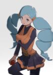  1girl absurdres ace_trainer_(pokemon) blue_eyes blurry breasts collared_shirt depth_of_field highres long_hair long_sleeves open_mouth orange_vest pantyhose pleated_skirt pokemon pokemon_(game) pokemon_bw shirt skirt standing tsunodriller twintails vest white_background 