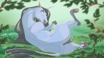  16:9 animal_genitalia blue_body butt equid equine female feral genitals grass grey_mane hi_res hooves horn horse looking_at_viewer mammal mane meadow paloma-paloma plant solo spread_legs spreading suprised_look surprise unicorn widescreen 