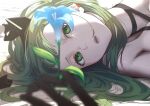  bangs bare_shoulders black_rock_shooter black_rock_shooter_(dawn_fall) blue_flower blurry c-eye choker collarbone dead_master depth_of_field earclip eyelashes flower green_eyes green_hair grey_lips hair_ornament highres lily_(flower) lips long_hair looking_at_viewer lying on_side plant portrait solo straight_hair 