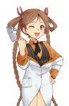  1girl :3 ;3 ajidot blush braid brown_eyes brown_hair doctor_(last_origin) goggles goggles_removed hair_pliers hair_rings highres labcoat last_origin long_hair looking_at_viewer one_eye_closed simple_background smile solo twin_braids very_long_hair white_background 