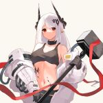  1girl arknights black_collar black_shirt coat collar demon_horns ear_piercing elite_ii_(arknights) eyebrows_visible_through_hair grey_background hair_ornament highres holding holding_weapon horns infection_monitor_(arknights) long_hair looking_at_viewer midriff mudrock_(arknights) navel onkyi open_clothes open_coat oripathy_lesion_(arknights) piercing pointy_ears red_eyes red_ribbon ribbon shirt simple_background solo upper_body war_hammer weapon white_coat white_hair 