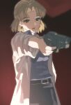  1girl absurdres akagi_ritsuko belt blonde_hair earrings end_of_evangelion green_eyes gun highres jewelry labcoat lipstick makeup mole mole_under_eye neon_genesis_evangelion weapon xa9110 