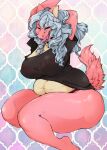  anthro arms_above_head bewitchedink blue_hair breasts clothed clothing eyes_closed female hair hi_res hybrid open_mouth partially_clothed pattern_background pink_body shirt signature simple_background sitting solo stretching teeth tongue tongue_out topwear underwear unknown_species 