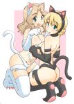  2girls alternate_eye_color animal_costume animal_ears animal_hands aqua_eyes armband back bare_shoulders black_clothes black_gloves black_legwear blonde_hair blue_eyes blush braid breasts cat_costume cat_day claws cleavage collar darjeeling_(girls_und_panzer) elbow_gloves eyebrows_visible_through_hair fake_animal_ears fake_tail girls_und_panzer gloves hair_between_eyes kay_(girls_und_panzer) kneeling legs looking_at_viewer looking_back medium_hair multiple_girls navel open_mouth paw_gloves paw_pose paw_shoes pawpads pink_background revealing_clothes short_hair shoulder_blades smile tail thigh_strap thighhighs thighs uona_telepin white_gloves white_legwear 