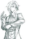  1boy biting biting_clothes end_roll glaring gloves highres kumauwo long_sleeves looking_to_the_side monochrome short_hair sketch walter_(end_roll) white_background 