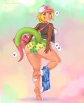  anthro blonde_hair bottomwear breasts butt chespin clothed clothing cosplay female hair hand_on_butt hi_res hilda_(pok&eacute;mon) ipan looking_at_viewer nintendo pants_around_one_leg partially_clothed pok&eacute;mon pok&eacute;mon_(species) sariana_(aj_the_flygon) shorts shorts_down solo underwear video_games yellow_eyes 