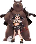  1girl animal azur_lane bear black_footwear black_headwear black_jacket blonde_hair breasts chain gloves grozny_(azur_lane) hat highres holding holding_shovel jacket kinjo_kuromomo looking_at_viewer midriff navel off_shoulder official_alternate_costume official_art open_clothes open_jacket purple_eyes short_hair shovel small_breasts transparent_background yellow_gloves 