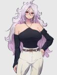  1girl alternate_costume android_21 bare_shoulders belt breasts brown_belt collarbone dragon_ball dragon_ball_fighterz earrings glasses hair_between_eyes hand_on_hip hoop_earrings jewelry kemachiku large_breasts long_hair looking_at_viewer majin_android_21 pants pink_hair red_eyes solo white_pants 