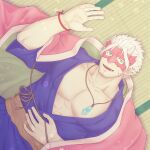  1boy abs bara facial_hair green_eyes highres japanese_clothes jewelry kimono lying male_focus manboobs mask mature_male muscular muscular_male necklace oni_mask original pectoral_cleavage pectorals pointy_ears porkjinta scar smile tusks white_hair wooden_floor yukata 