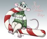  2021 anthro barefoot big_glasses biped bottomless buckteeth candy candy_cane christmas christmas_clothing christmas_sweater christmas_topwear clothed clothing dessert eating english_text eyewear feet female food fur glasses gradient_background grey_background head_tuft holidays mammal mouse murid murine pink_nose pink_tail robcivecat rodent round_glasses shelly_(thatdirgedude) signature simple_background sitting solo sweater teeth text topwear tuft white_body white_fur 