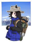  1girl absurdres backpack bag black_hair blue_coat blush brown_headwear bucket_hat cloud coat cropped_torso ears_through_headwear hair_over_one_eye hands_up hat high_collar highres long_hair long_sleeves looking_at_viewer mess_kit mountain mountainous_horizon purple_eyes ram_(p_searam) rice_shower_(umamusume) sleeping_bag solo umamusume upper_body 