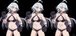  1girl ahoge black_background boxing_gloves breasts bruise commission cowboy_shot difman eyebrows_visible_through_hair fate/grand_order fate_(series) grey_hair hair_between_eyes highres injury jeanne_d&#039;arc_(alter)_(fate) jeanne_d&#039;arc_(fate) long_hair medium_breasts multiple_views navel parted_lips simple_background teeth yellow_eyes 
