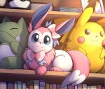  2022 ambiguous_gender black_nose book bookshelf digital_media_(artwork) eeveelution feral fur furniture hi_res looking_at_viewer nintendo otakuap pikachu plushie pok&eacute;mon pok&eacute;mon_(species) solo sylveon video_games 