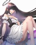  1girl artist_name bangs black_hair blush breasts collarbone dress eyebrows_visible_through_hair girls&#039;_frontline girls&#039;_frontline_neural_cloud halo hand_on_own_chest highres ksartworks long_hair looking_at_viewer microphone nail_polish nanaka_(girls&#039;_frontline_nc) open_mouth purple_eyes purple_nails simple_background sitting solo teeth upper_teeth white_background white_dress 