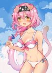  1girl absurdres animal_ears arknights bangs bikini blue_bow blue_sky blush bow braid breasts brown_eyes cat_ears cat_girl cat_tail cleavage cloud collarbone day eyebrows_visible_through_hair fang goldenglow_(arknights) hair_between_eyes hair_bow hair_over_shoulder highres hoshi_lingdang innertube innertube_with_ears lightning_bolt_symbol long_hair medium_breasts navel nose_blush open_mouth outdoors pink_hair side-tie_bikini single_braid sky solo swimsuit tail white_bikini yellow_eyes 