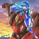  1girl artist_name bangs blue_hair blue_hairband breasts choir_demonic clenched_hand clip_studio_paint_(medium) cloud commission energy_sword eyebrows_visible_through_hair hairband holding holding_sword holding_weapon long_hair looking_at_viewer mecha medium_breasts musica_fareden pilot_suit purple_eyes real_robot_battle_line skeb_commission smile sunset super_robot_wars sword v-shaped_eyebrows visor weapon yuzupapa 