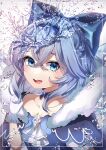  1girl :d ametama_(runarunaruta5656) ascot bangs blue_bow blue_eyes bow cirno fur_trim gloves hair_bow highres ice looking_at_viewer off_shoulder open_mouth simple_background smile solo teeth touhou upper_body upper_teeth white_ascot white_background white_gloves 