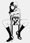  1girl bangs callan_(callancoe) chair closed_mouth full_body greyscale kantai_collection kitakami_(kancolle) kneehighs loafers long_hair long_sleeves looking_at_viewer monochrome one_eye_closed shoes sidelocks signature simple_background sitting sitting_backwards skirt solo 