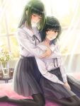  2girls between_legs black_hair black_legwear black_ribbon blush center_frills chinese_commentary closed_eyes flower flowers_(innocent_grey) frills green_hair hand_between_legs highres hug hug_from_behind kafkasea kneeling medium_hair multiple_girls no_shoes own_hands_together pantyhose parted_lips petals pleated_skirt ribbon school_uniform shirt sitting skirt table takasaki_chidori vase white_shirt window yaegaki_erika yuri 