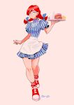  1girl bangs blue_eyes bow braid burger callan_(callancoe) cup disposable_cup dress food freckles french_fries full_body hair_bow highres holding long_hair looking_at_viewer pink_background puffy_sleeves red_hair simple_background solo striped striped_dress striped_legwear tray twin_braids twintails vertical_stripes wendy&#039;s wendy_(wendy&#039;s) 