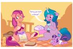  absurd_res blue_eyes blue_hair blue_tail bodily_fluids cuddlehooves cutie_mark diaper ears_down earth_pony english_text equid equine feral food friendship_is_magic genital_fluids hair hasbro hi_res holding_object horn horse izzy_moonbow_(mlp) mammal mlp_g5 my_little_pony orange_body picnic pink_eyes pivoted_ears plushie pony purple_body purple_hair purple_tail sandwich_(food) sunny_starscout_(mlp) text twilight_sparkle_(mlp) unicorn urine wet_diaper wetting 