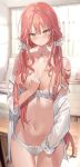  1girl absurdres bangs blurry blurry_background blush bra breasts choker cleavage cross cross_earrings curtains earrings freng hair_between_eyes hair_ribbon highres indoors jewelry long_hair low_twintails medium_breasts open_clothes original panties pink_hair ribbon smile solo sweat twintails underwear white_bra white_panties white_ribbon yellow_eyes 