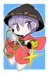  1girl bangs black_headwear blue_background border bowl bowl_hat closed_mouth eyebrows_visible_through_hair full_body hat holding holding_needle ini_(inunabe00) japanese_clothes kimono looking_at_viewer miracle_mallet needle outline purple_eyes purple_hair red_kimono short_hair simple_background solo sukuna_shinmyoumaru touhou white_border white_outline 