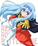  1girl bioroid_hei black_cape blue_hair blue_hairband cape char_aznable char_aznable_(cosplay) copyright_name cosplay eyebrows_visible_through_hair floating_hair gloves gundam hairband jacket leaning_back long_hair looking_at_viewer mobile_suit_gundam musica_fareden pants purple_eyes real_robot_battle_line red_jacket red_pants smile solo white_background white_gloves 