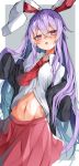  1girl :o absurdres bangs blurry border breasts bright_pupils crossed_bangs depth_of_field eyebrows_visible_through_hair floppy_sleeves hair_between_eyes highres long_hair looking_at_viewer midriff navel necktie open_mouth outside_border pink_skirt purple_eyes purple_hair red_necktie reisen_udongein_inaba shirt simple_background skirt sleeves_past_fingers sleeves_past_wrists small_breasts solo touhou tsune_(tune) very_long_hair white_background white_border white_pupils white_shirt wing_collar 