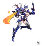  absurdres arm_blade arm_cannon blue_eyes boots breasts brown_hair center_opening chinese_commentary clenched_hand energy_blade floating_hair genderswap genderswap_(mtf) goggles highres large_breasts long_hair mecha_musume metal_boots metal_gloves navel optimus_prime personification science_fiction thigh_boots thighhighs transformers transformers_(live_action) underboob weapon white_background zymv587 