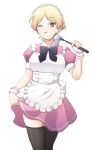  1girl :p alternate_costume apron bangs black_bow black_bowtie black_legwear blonde_hair bow bowtie breasts brown_eyes commentary dress duster enmaided eyebrows_visible_through_hair frilled_apron frills highres hikaru_(ofuton_at5) holding holding_duster looking_at_viewer maid maid_apron maid_headdress medium_breasts nail_polish narita_miho pink_dress pink_nails puffy_short_sleeves puffy_sleeves shiny shiny_hair short_hair short_sleeves simple_background skirt_hold smile solo standing thighhighs tongue tongue_out watashi_ga_motenai_no_wa_dou_kangaetemo_omaera_ga_warui! white_apron white_background 