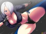  1girl angel_(kof) black_background blue_eyes dated grin hair_over_one_eye highres kicking looking_at_another okyou smile the_king_of_fighters twitter_username white_hair 
