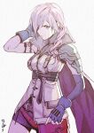  1girl arm_behind_head armlet armor asymmetrical_hair belt cape elbow_gloves final_fantasy final_fantasy_xiii fingerless_gloves gloves highres lightning_farron looking_at_viewer nanpou_(nanpou0021) pink_hair shoulder_armor skirt solo zipper zipper_pull_tab 