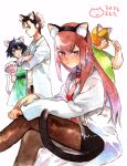  &gt;:( 2boys 2girls animal_ears baseball_cap belt black_hair black_legwear black_shorts blue_eyes blush brown_hair cat_ears cat_tail commentary_request dated dress dress_shirt glasses green_shirt hashida_itaru hat labcoat long_hair makise_kurisu multiple_boys multiple_girls necktie okabe_rintarou pantyhose purple_eyes red_hair red_necktie red_neckwear rocni shiina_mayuri shirt short_hair shorts simple_background steins;gate tail v-shaped_eyebrows white_background white_shirt yellow_eyes 