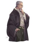  1boy artist_name beard black_pants facial_hair fate/grand_order fate_(series) glasses hand_in_pocket male_focus old old_man pants profile shirt simple_background stroking_beard takku_(takk25) white_background white_shirt wide_sleeves yagyuu_munenori_(fate) 