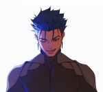  1boy alternate_costume blue_hair close-up collarbone cu_chulainn_(fate) cu_chulainn_(fate/stay_night) earrings fang fate/grand_order fate_(series) grin jewelry long_hair looking_at_viewer lovesheng1314 male_focus muscular muscular_male one_eye_closed open_mouth pectorals red_eyes short_hair simple_background skin_tight smile solo spiked_hair white_background 