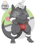  1ceberg absurd_res aggron anthro belly big_pecs bodily_fluids clothed clothing hi_res horn male mostly_nude musclegut muscular muscular_male musk nintendo overweight partially_clothed pecs pok&eacute;mon pok&eacute;mon_(species) scalie solo standing sweat tongue tongue_out underwear video_games 