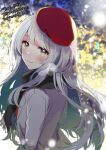  1girl alternate_costume anbutter_siruko bangs beret black_scarf blurry blush bokeh breath commentary_request commission depth_of_field eyebrows_visible_through_hair hat jacket kantai_collection long_hair looking_at_viewer red_headwear scarf shoukaku_(kancolle) sidelocks skeb_commission smile solo sparkle upper_body white_hair yellow_eyes 