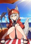  1girl :&lt; animal_ears arknights beach beach_umbrella black_footwear black_swimsuit blue_sky cameltoe casual_one-piece_swimsuit cloud cooler ears_through_headwear fish hair_between_eyes highres holding holding_knife hood hood_up hooded_jacket jacket knife light_rays looking_at_viewer ocean official_alternate_costume one-piece_swimsuit open_clothes open_jacket planted planted_umbrella projekt_red_(arknights) projekt_red_(light_breeze)_(arknights) red_jacket sand sandals sitting sky solo split_mouth swimsuit tail umbrella water wolf_ears wolf_girl wolf_tail yellow_eyes yuki_kawachi 