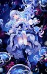  &gt;_&lt; &gt;o&lt; 1girl ahoge anklet asymmetrical_legwear bloomers blue_eyes blue_hair bow breasts bubble collarbone commentary_request coral_reef dark_background detached_sleeves dress fish floating_clothes floating_hair gem glowing glowing_hair highres jellyfish jewelry long_hair looking_at_viewer medium_breasts multicolored_hair nardack necklace original outstretched_arms shoes sleeveless sleeveless_dress smile spread_arms thighhighs thighlet underwater underwear white_hair 