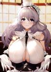  1girl apron artist_name azur_lane bare_shoulders black_dress blurry blurry_background breasts center_opening charybdis_(azur_lane) commentary_request covered_nipples dress eyebrows_visible_through_hair frilled_apron frills gloves hachimitsu_hinako hair_between_eyes huge_breasts indoors lace-trimmed_hairband lace_trim light_purple_hair long_hair looking_at_viewer maid_headdress purple_eyes shirt smile solo upper_body white_gloves white_shirt window 