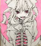  1girl 2019 :d bangs dated dress earrings eyebrows_behind_hair eyelashes front_ponytail hair_ribbon hands_up highres jewelry kagiyama_hina long_hair looking_at_viewer monochrome open_clothes open_dress open_mouth pink_background pink_eyes ribbon ribs skeleton smile solo teeth tongue touhou traditional_media upper_body yamazaki_tsukune 
