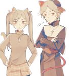  1boy 1girl animal_ears blush brown_eyes brown_hair cat_boy cat_ears cat_girl cat_tail clothing_request cody_toscarina collared_shirt cross cross_necklace crossed_arms dogma_toscarina end_roll hands_on_hips highres jewelry long_hair long_sleeves nabob necklace pale_skin priest shirt short_hair sigh tail twintails white_background 