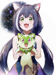  1girl :3 absurdres animal_ear_fluff animal_ears bangs black_hair cat_ears cat_girl crossover dress eyebrows_visible_through_hair fangs green_eyes hamachamu highres holding holding_pokemon karyl_(princess_connect!) long_hair looking_at_viewer low_twintails meme multicolored_hair open_mouth pink_eyes pokemon pokemon_(creature) princess_connect! sleeveless sleeveless_dress smile space_cat_(meme) sprigatito streaked_hair twintails two-tone_hair very_long_hair white_hair 
