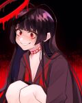 1girl absurdres bangs black_background black_hair blue_archive blunt_bangs blush breasts choker cleavage commentary eyebrows_visible_through_hair halo highres kumaartsu long_hair looking_at_viewer red_background red_eyes smile solo sweatdrop tsurugi_(blue_archive) very_long_hair wavy_mouth 