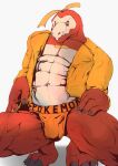  2022 abs absurd_res anthro big_bulge big_muscles bulge claws clothed clothing crouching detailed_bulge english_text fuecoco ggan_ggandi grey_background hi_res jockstrap male muscular muscular_anthro muscular_male navel nintendo open_clothing open_shirt open_topwear pecs pok&eacute;mon pok&eacute;mon_(species) quads scalie shirt simple_background solo teeth text text_on_clothing text_on_jockstrap text_on_underwear topwear underwear vein video_games 