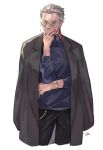  1boy artist_name coat earrings eyeshadow fate/grand_order fate/type_redline fate_(series) feet_out_of_frame glasses hair_slicked_back hand_on_own_face jacket jacket_on_shoulders jewelry koha-ace li_shuwen_(old)_(fate) long_sleeves looking_at_viewer makeup male_focus old old_man red_eyeshadow red_nails ring round_eyewear short_hair signature simple_background solo takku_(takk25) watch white_background white_hair wristwatch 